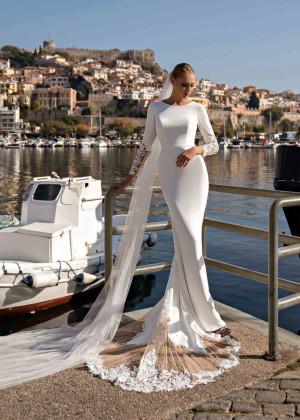 Long Sleeves Beaded Ivory Lace Satin Sheer Back Wedding Dress Long Sleeves Beaded Ivory Lace Satin Sheer Back Wedding Dress